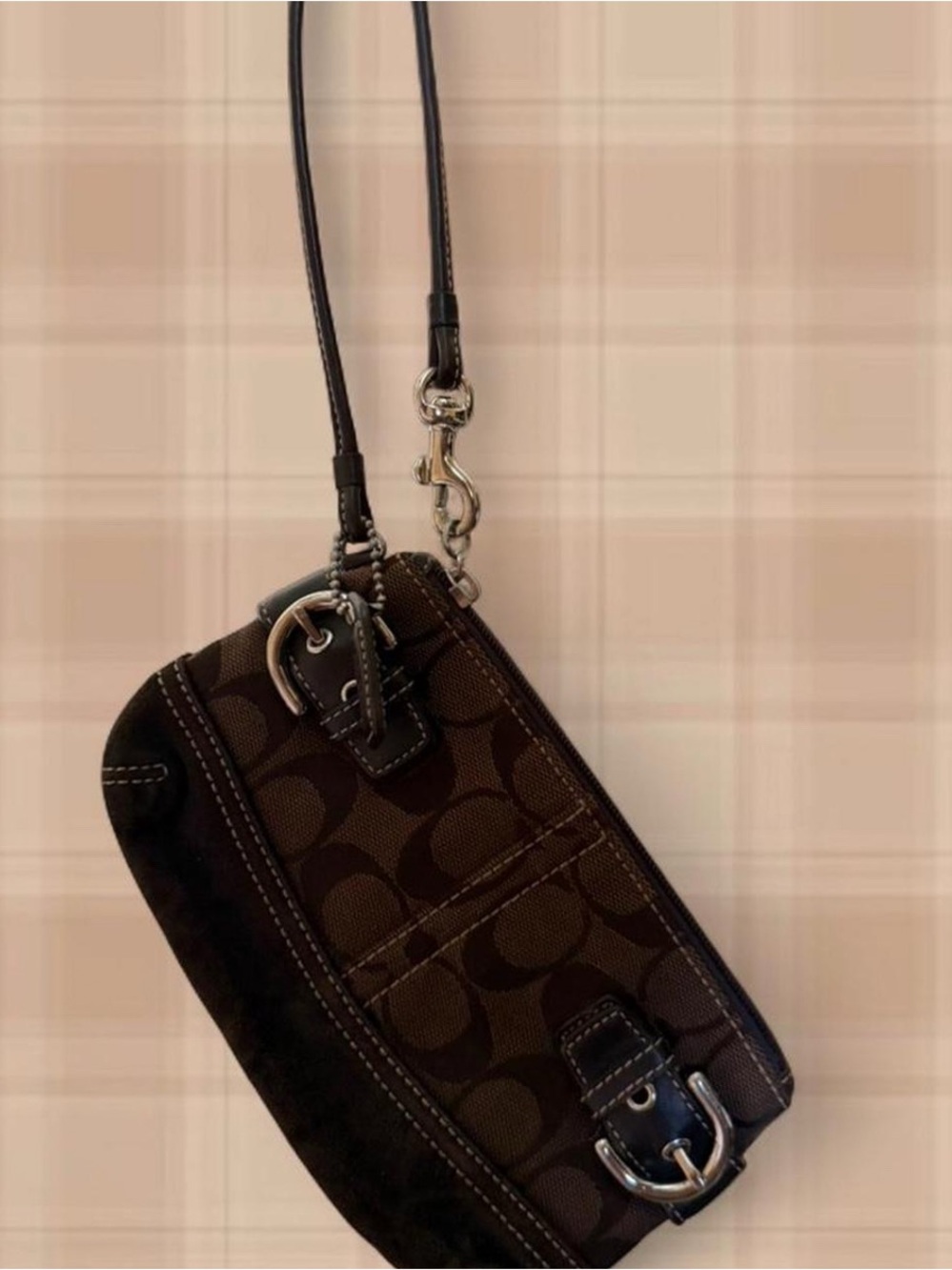 Coach BROWN Signature C Wristlet + Hangtag Keychain + Stitching w/ Suede Bottom